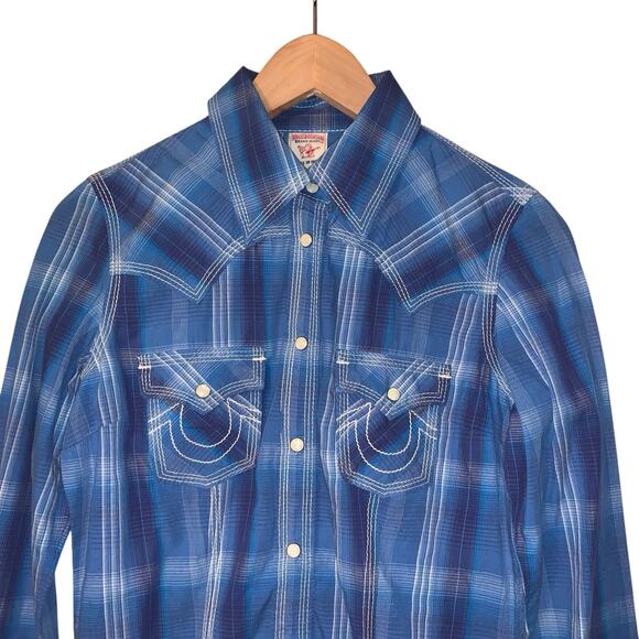 True Religion Top Womens XS Blue Plaid Pearl Snap Yoked Western Rodeo Riding - Picture 3 of 16